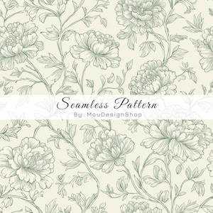 May include: Seamless pattern featuring a floral design with large peony blooms and delicate leaves in a soft green hue. The flowers and foliage are set against a cream background. The text "Seamless Pattern" is displayed.