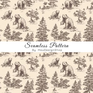 May include: A seamless pattern featuring dark brown illustrations of bears and pine trees on a light beige background. The text "Seamless Pattern By MouDesignShop" is printed in black across the center of the image over a white horizontal band.