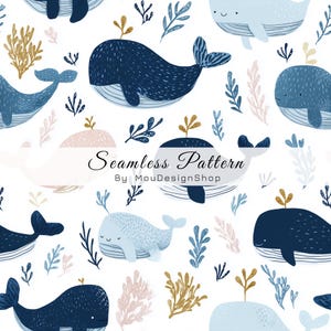 Pode incluir: Um padrão contínuo com baleias ilustradas em tons de azul escuro, azul claro e rosa pálido, intercaladas com ramos de algas douradas e azuis sobre um fundo branco. O texto Seamless Pattern By MouDesignShop está no centro.