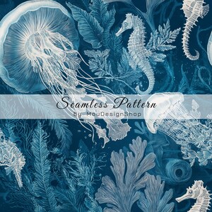 May include: A seamless pattern featuring white line art illustrations of jellyfish, seahorses, and seaweed against a dark blue background. The text Seamless Pattern By MouDesignShop is overlaid in the center in a black script and sans-serif font.