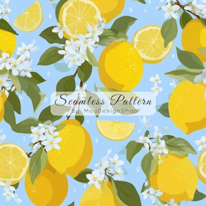 Può includere: Un motivo continuo con limoni giallo brillante, foglie verdi e fiori bianchi su sfondo azzurro. L'immagine include il testo Seamless Pattern By MouDesignShop centrato all'interno di un riquadro rettangolare bianco.