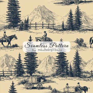 May include: A seamless pattern featuring a vintage Western landscape with cowboys on horseback, horse-drawn carts, mountains, and pine trees. The design is in black and white on a beige background. The text "Seamless Pattern" and "By MouDesignShop" are included.