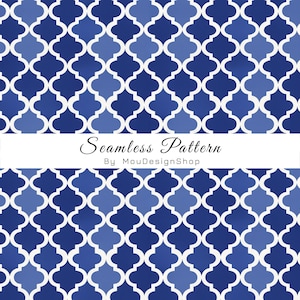 May include: A seamless pattern featuring a repeating quatrefoil design in shades of dark and light blue with white outlines. A white horizontal band across the center displays the black text Seamless Pattern By MouDesignShop.