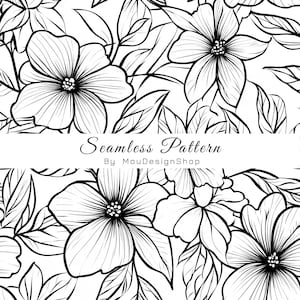 May include: A black and white seamless pattern featuring hand-drawn floral illustrations with detailed petals and leaves. A horizontal white band across the centre displays the text Seamless Pattern By MouDesignShop in a black script and sans-serif font.