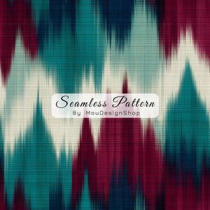 Może przedstawiać: Abstrakcyjny bezszwowy wzór w kolorze turkusowym, bordowym i kremowym. Projekt zawiera pionowe, poszarpane linie, które tworzą teksturowany, tkany efekt. Tekst "Seamless Pattern By MouDesignShop" jest wyświetlany w białym banerze.