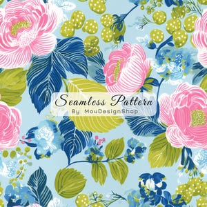 May include: A seamless pattern featuring pink peonies, dark blue leaves, and lime green berries on a light blue background. A central white rectangular label displays the text Seamless Pattern By MouDesignShop in black script and sans-serif font.