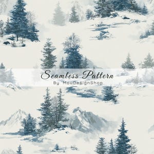 May include: A seamless pattern featuring a winter landscape with snow-covered mountains and evergreen trees in shades of blue and white. The text Seamless Pattern By MouDesignShop is overlaid across the center of the repeating design.