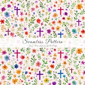 May include: A seamless pattern with watercolour flowers and crosses in shades of purple, red, blue, and orange, on a light background. The design includes the text "Seamless Pattern" and "By MouDesignShop".
