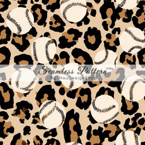May include: A seamless pattern featuring white baseballs with black stitching scattered across a tan background with a black and brown leopard print design. The image includes the text Seamless Pattern By MouDesignShop.