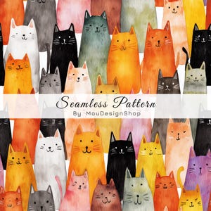Bright Abstract Cats Orange Black Multicolor Pets JPG Seamless Repeat Pattern
