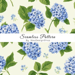 May include: A seamless pattern featuring clusters of blue hydrangea flowers and green leaves on a cream background. A white horizontal banner across the center displays the text Seamless Pattern By MouDesignShop in black script and sans-serif font.