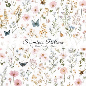 Puede incluir: Un patrón sin costuras con ilustraciones en acuarela de flores, mariposas y abejas en colores pastel. El diseño incluye elementos florales rosas, amarillos y azules. El texto "Seamless Pattern By MouDesignShop" está sobre un fondo blanco.