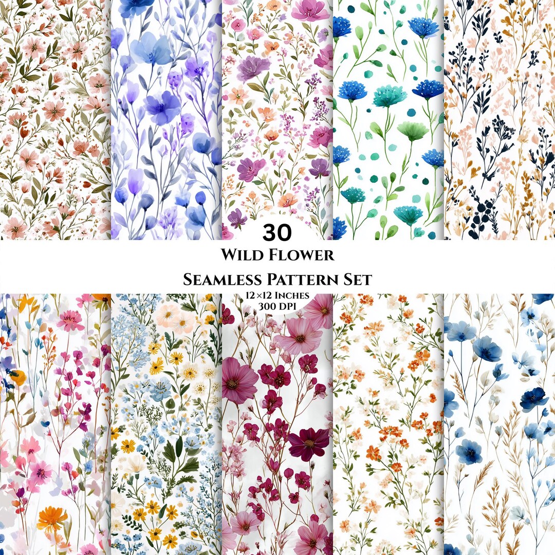 30 Wildflower Seamless Pattern Set: Colorful Spring Blooms (digital ...