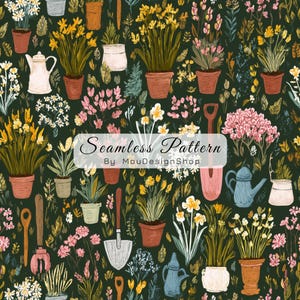 Puede incluir: Patrón sin costuras con fondo verde oscuro, con varias plantas en macetas, herramientas de jardinería y flores en tonos amarillos, rosas y blancos. El texto "Seamless Pattern By MouDesignShop" está superpuesto.