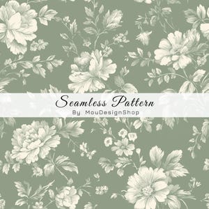 May include: Seamless pattern featuring a floral design with large, detailed cream-colored flowers and foliage on a muted green background. The text "Seamless Pattern" and "By MouDesignShop" are displayed in a white banner.