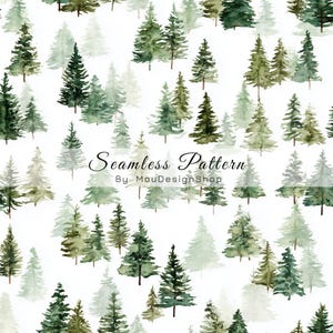 May include: A seamless pattern featuring watercolor illustrations of evergreen trees in various shades of green against a white background. The text Seamless Pattern By MouDesignShop is centered in the middle of the image in black script and print.