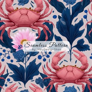 May include: A seamless pattern featuring pink crabs, dark blue foliage, and light pink flowers on a pale background. The image includes the text Seamless Pattern By MouDesignShop centered in a white rectangular overlay with rounded corners.