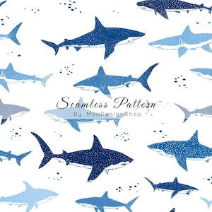 May include: A seamless pattern featuring various whale sharks in shades of dark and light blue on a white background. The sharks are depicted in different swimming positions, interspersed with small blue dots. Text reads Seamless Pattern By MouDesignShop.