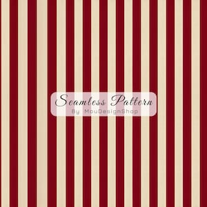 May include: Seamless pattern design featuring vertical stripes in burgundy and cream. The image includes the text "Seamless Pattern By MouDesignShop" in a white rectangular box. This design is suitable for various applications.