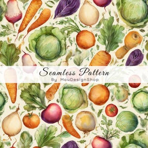 May include: Seamless pattern featuring watercolor illustrations of various vegetables, including carrots, cabbage, onions, and beets. The design includes the text "Seamless Pattern By MouDesignShop" in a decorative font, set against a light background.