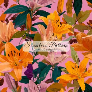 May include: A seamless pattern featuring vibrant orange and pale pink lilies with dark green foliage on a solid pink background. The text Seamless Pattern By MouDesignShop is centered in a white rectangular overlay on the floral design.