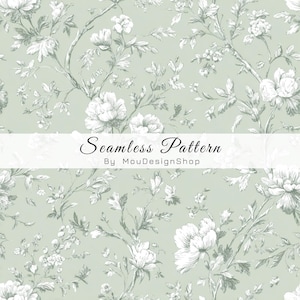 May include: A seamless pattern design featuring white floral illustrations on a soft green background. The design includes detailed drawings of flowers and foliage, with the text "Seamless Pattern By MouDesignShop" overlaid on the image.