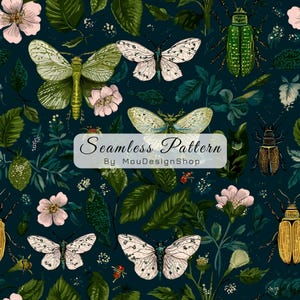 Può includere: Motivo senza cuciture con farfalle, coleotteri, fiori e fogliame nei toni del verde, rosa e bianco su uno sfondo verde acqua scuro. Il testo "Seamless Pattern" e "By MouDesignShop" sono visualizzati.