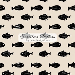 May include: A seamless pattern featuring black fish illustrations on a beige background. The fish vary in design, some with dotted patterns and others with solid fills. The text "Seamless Pattern By MouDesignShop" is overlaid on the image.