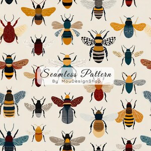 Peut inclure: Un motif sans couture représentant divers insectes stylisés, notamment des abeilles et des coléoptères, dans des tons de jaune, orange, rouge, bleu et noir. Les insectes ont des ailes et des corps détaillés, sur un fond crème. Le texte "Seamless Pattern By MouDesignShop" est visible.