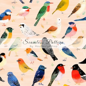 Può includere: Un motivo senza giunture che presenta vari uccelli illustrati in diversi colori, tra cui blu, verde, giallo, arancione e nero, su uno sfondo color pesca chiaro con piccoli accenti di erba verde. Il testo Seamless Pattern By MouDesignShop è centrato.