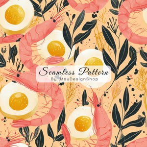 Shrimp Boiled Egg Food Kitchen  Botanical Seamless Repeat Pattern