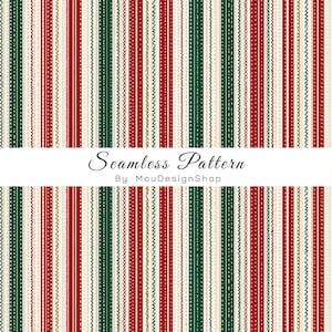 May include: A seamless pattern featuring vertical stripes in red, dark green, and cream, accented with various stitch-like textures and lines. A white horizontal band across the center displays the text Seamless Pattern By MouDesignShop.