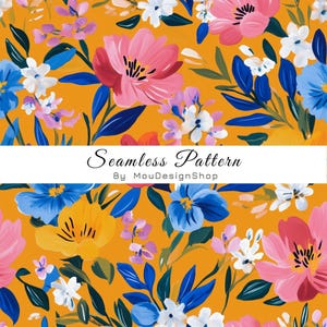 Könnte beinhalten: Ein nahtloses Muster mit einem leuchtend senfgelben Hintergrund und handgemalten Blumen in Rosa-, Blau-, Weiß- und Gelbtönen, begleitet von dunkelblauen Blättern. Der Text Seamless Pattern By MouDesignShop ist mittig platziert.