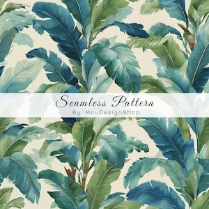 May include: A seamless pattern featuring overlapping tropical banana leaves in shades of deep teal, forest green, and light sage against a cream background. A white horizontal banner displays the text Seamless Pattern By MouDesignShop.