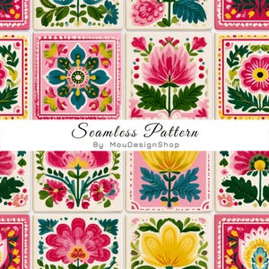 May include: A seamless pattern featuring a grid of square tiles with diverse floral illustrations in shades of pink, yellow, teal, and green. The text Seamless Pattern By MouDesignShop is centered horizontally across the middle of the image.