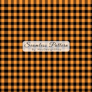 Può includere: Motivo senza cuciture a quadri arancioni e neri. Il motivo presenta una griglia di quadrati distanziati uniformemente in un classico design a quadretti. Il testo "Seamless Pattern By MouDesignShop" è visualizzato su un'etichetta rettangolare bianca.