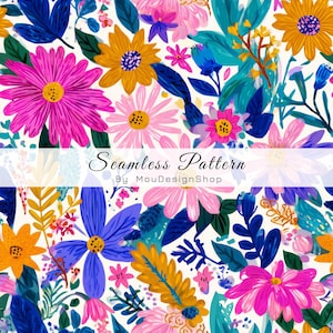 以下が含まれることがあります： 白地を背景に、ピンク、黄色、青、オレンジの花が咲き乱れる、鮮やかなシームレスなフローラルパターン。画像には「Seamless Pattern By MouDesignShop」の文字が含まれています。明るく陽気なフローラルデザインです。