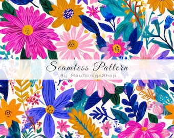 May include: A vibrant floral seamless pattern featuring a variety of colorful flowers in shades of pink, yellow, blue, and orange against a white background. The text "Seamless Pattern By MouDesignShop" is displayed across the image.