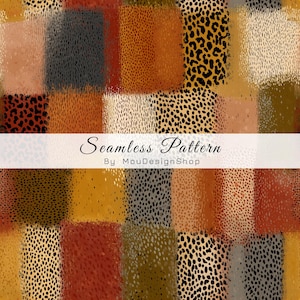 May include: A seamless pattern design featuring a patchwork of textured squares in various colors, including brown, orange, yellow, and black. Some squares have a leopard print design. The text "Seamless Pattern" is displayed.