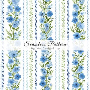 Puede incluir: Patrón sin costuras de acuarela con arreglos florales verticales de flores azules y hojas verdes. El diseño incluye líneas onduladas y punteadas en tonos azules y verdes sobre un fondo blanco. Se muestra el texto "Seamless Pattern".