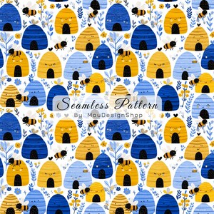 May include: A seamless pattern featuring cartoon beehives in yellow, blue, and light blue, interspersed with bees and floral elements on a white background. The text "Seamless Pattern" and "By MouDesignShop" are also visible.
