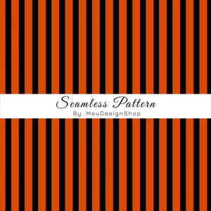 May include: A seamless pattern featuring alternating vertical stripes in solid black and vibrant orange. A white horizontal band across the centre displays the black text Seamless Pattern By MouDesignShop in a script and sans-serif font.