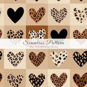 May include: A seamless pattern featuring heart shapes in various designs. Some hearts are solid black, while others have leopard print patterns in shades of brown and cream. The text "Seamless Pattern By MouDesignShop" is displayed.