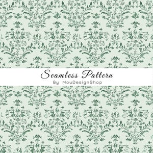 May include: A seamless pattern featuring dark green botanical damask motifs on a light mint green background. A white horizontal band across the center displays the black text Seamless Pattern By MouDesignShop in a script and sans-serif font.