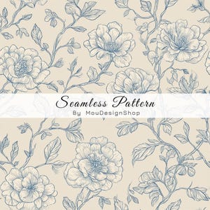 Puede incluir: Un patrón sin costuras con dibujos de líneas azules de flores en flor y ramas con hojas sobre un fondo beige claro. Una franja horizontal blanca en el centro muestra el texto Seamless Pattern By MouDesignShop en fuente negra.