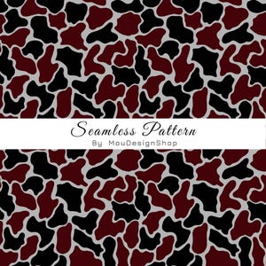 May include: A seamless pattern featuring irregular, rounded shapes in black and dark red, separated by thin light gray outlines. A white horizontal band across the center displays the text Seamless Pattern By MouDesignShop in black font.
