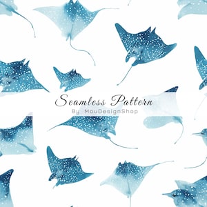 May include: Seamless pattern featuring watercolor illustrations of blue manta rays with white spots on a white background. The text "Seamless Pattern By MouDesignShop" is displayed in black script.