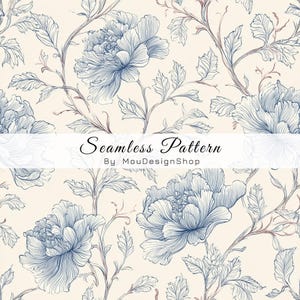 May include: A seamless pattern featuring intricate blue line art of blooming peonies and leafy vines on a light cream background. A white horizontal banner across the centre displays the text Seamless Pattern By MouDesignShop in black font.