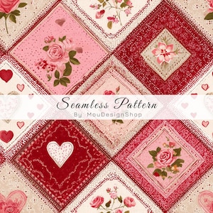 Valentine Patchwork Love Heart Rose Pink Red Romance Sweet Leafy Square Shape Repeat Pattern