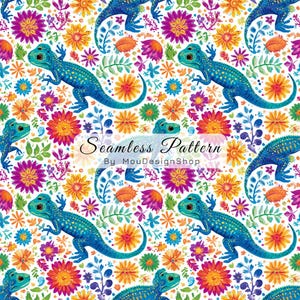 May include: A seamless pattern featuring blue lizards with yellow spots interspersed among vibrant orange, pink, and purple flowers and green leaves on a white background. The text Seamless Pattern By MouDesignShop is centered.